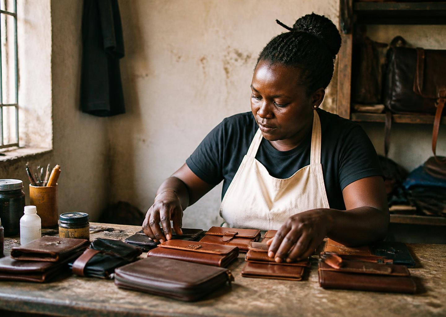 A Kenyan entrepreneur smiling while arranging handmade products in a warm workshop