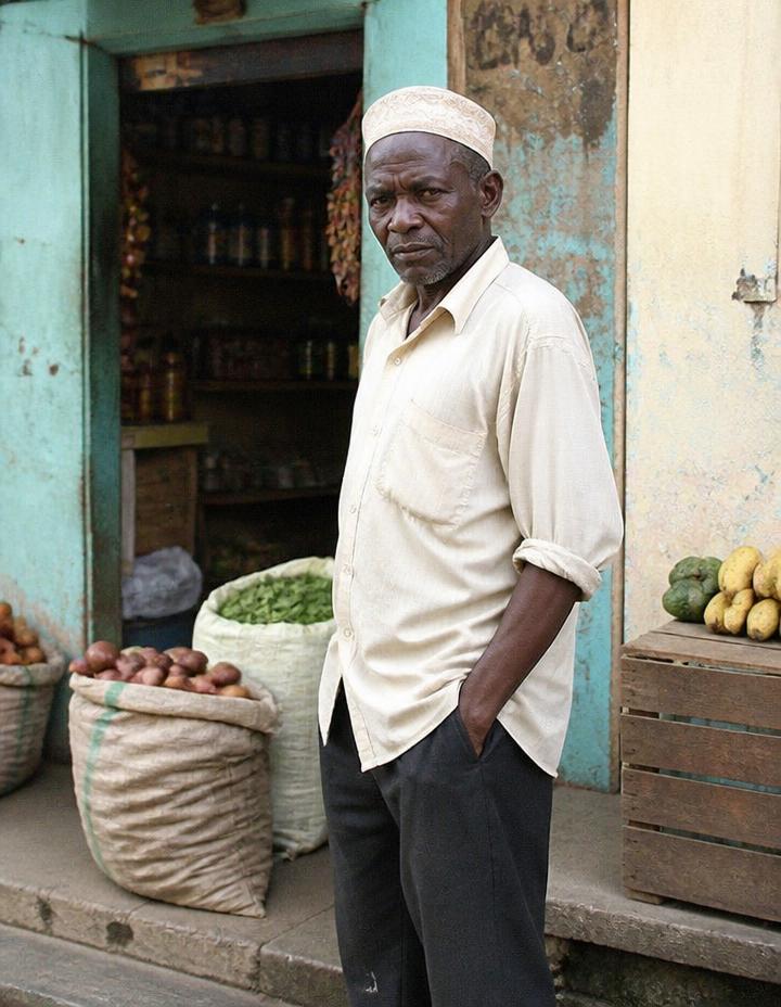 David Mwangi standing proudly in front of Mambo General Store
